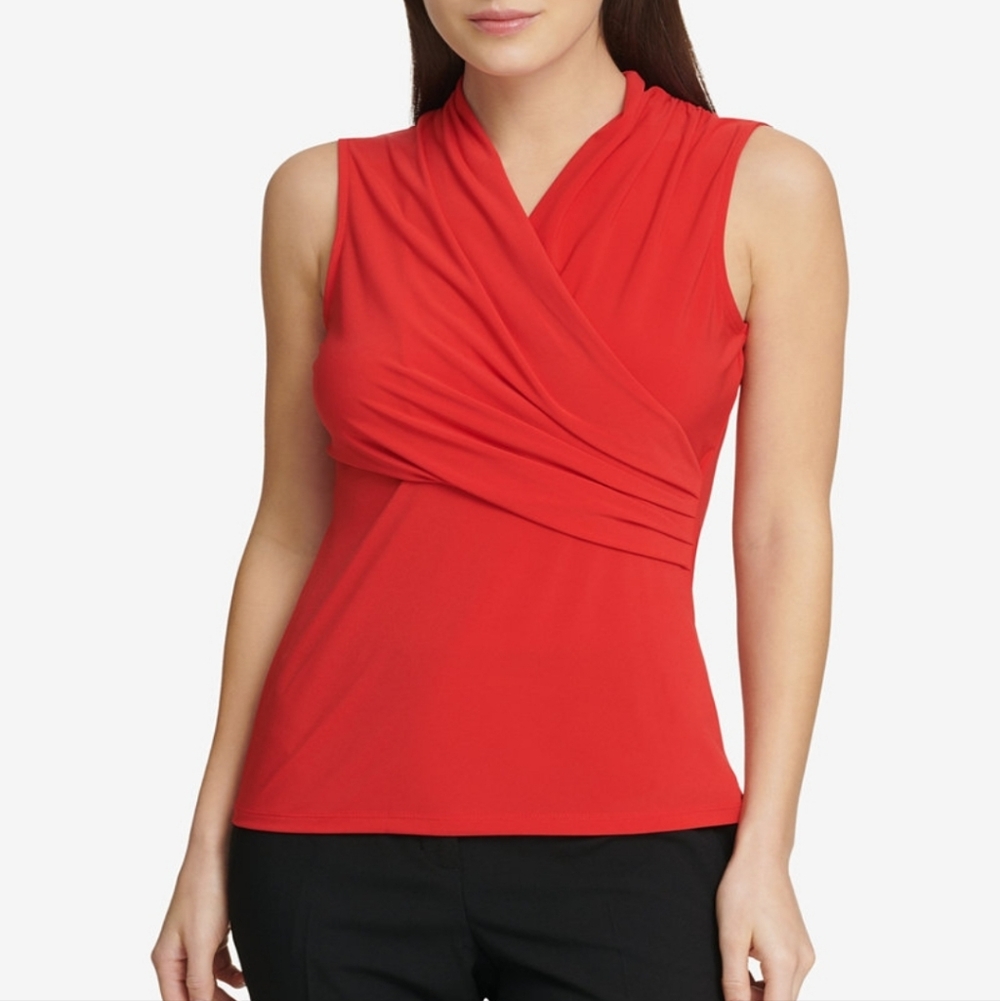 DKNY Vibrant Red Sleeveless Ruched Top Sz M